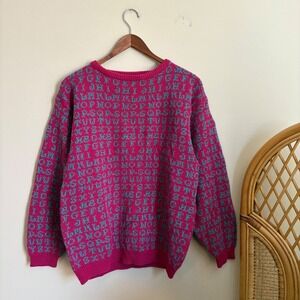 Vintage 60's 70's Christine Gerard Pink and Blue Alphabet Monogram Knit Sweater